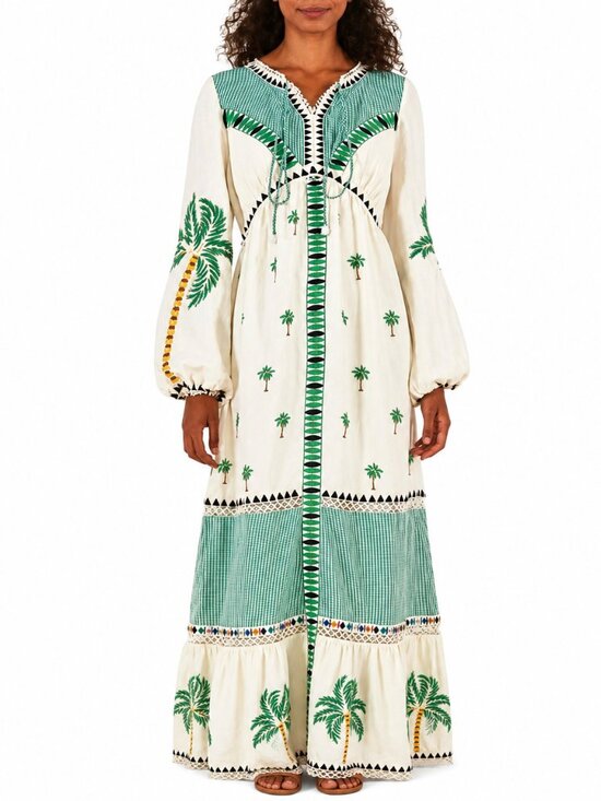 Farm Rio Dresses & Skirts - FARM Rio Embroidered Palm Tree Gingham Green White Maxi Dress